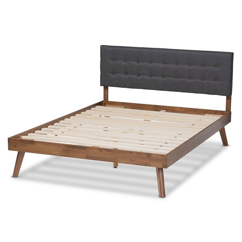 Devan Mid-Century Modern Fabric Upholstered Walnut Brown Finished Wood King Size Platform Bed