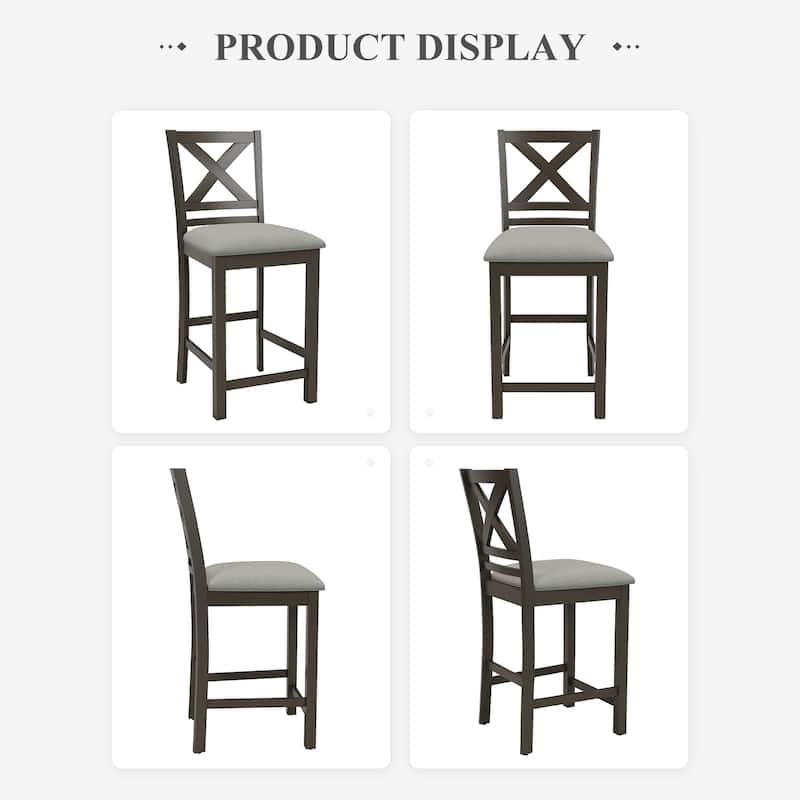 Set of 2 Counter Bar Stools - Upholstered w/Comfort Cross Back & Solid Wood Legs for Kitchen Island