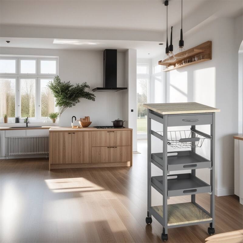 Mobile Kitchen Island Cart with Drawer and Slide-Out Storage Basket - N/A