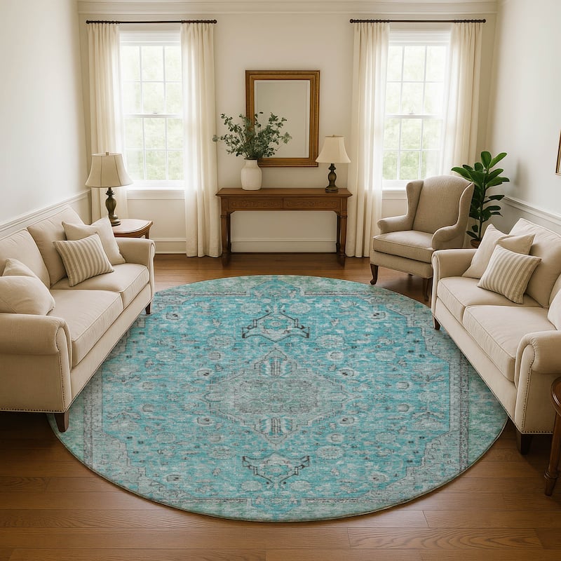 Premium Washable Super Soft Vintage Traditional Mayfield Rug - Aqua - 8' x 8'