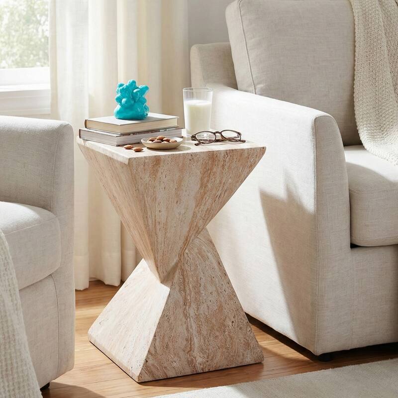Christopher Knight Home - Modern Indoor/Outdoor 18.5"H Geometric Faux Marble MgO Accent Side Table with Sculptural Fluted Design