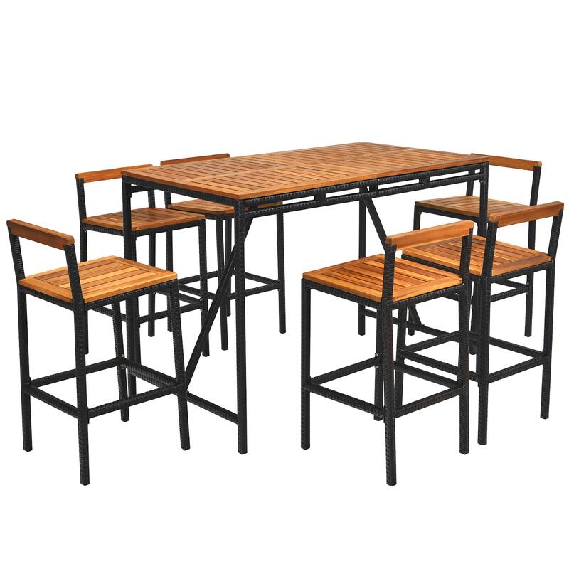 Costway 7PCS Patio Rattan Bar Set Acacia Wood Frame Stools Table