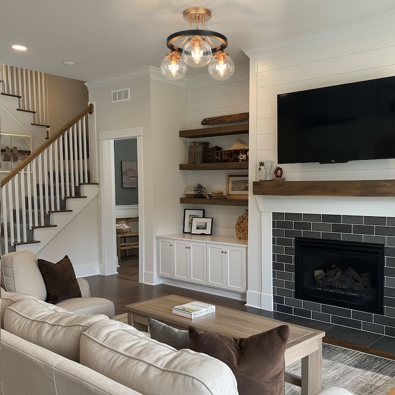 Modern Black Gold 3-Light Seeded Glass Semi-Flush Mount Ceiling Light for Kitchen