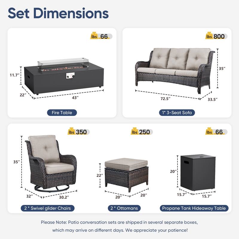 Pocassy Outdoor 7 Pieces Sofa Swivel Chair Ottoman with Fire Table
