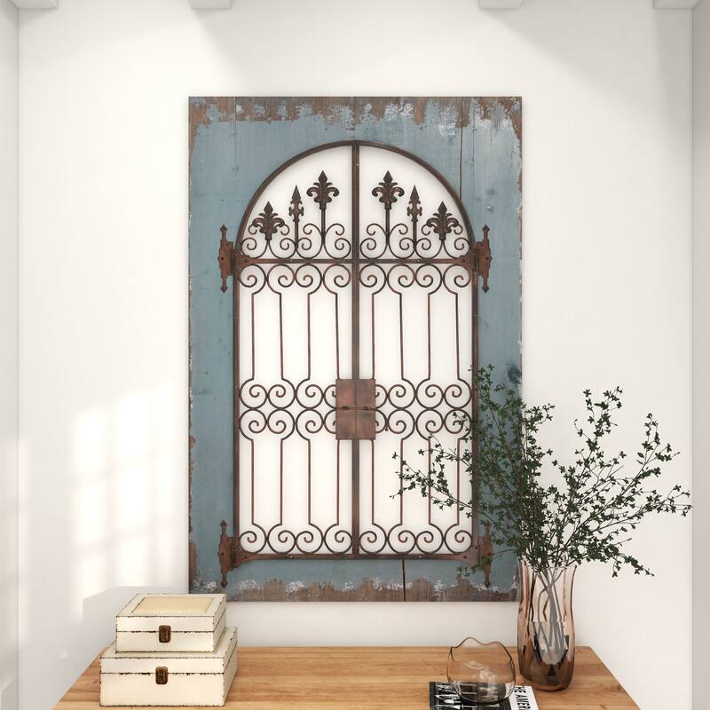 Blue Wood Arched Windowpane Fleur De Lis Home Wall Decor with Rust Metal Scrolled Gate