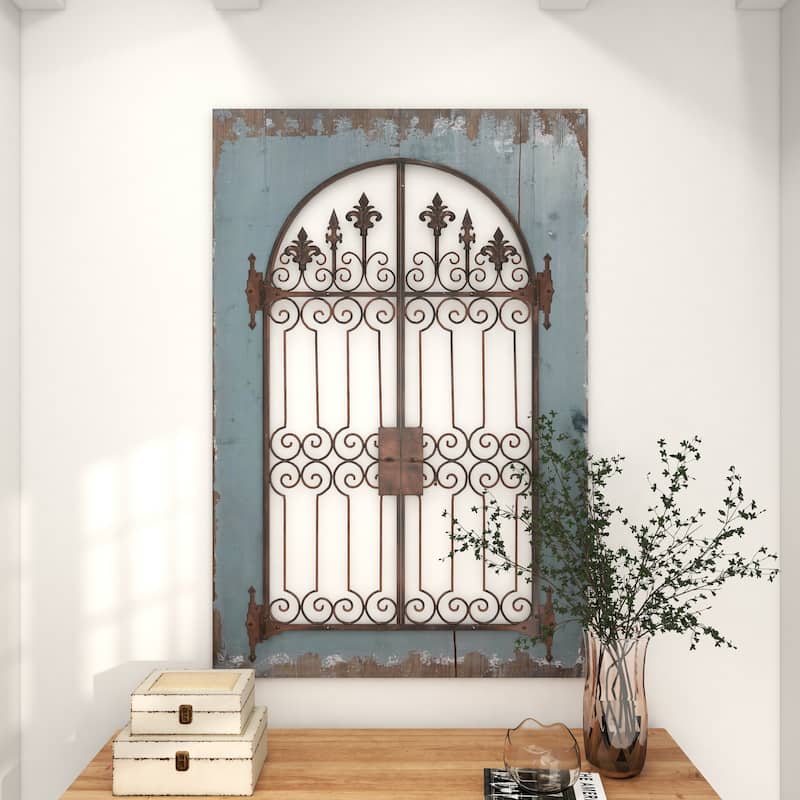 Wood Fleur De Lis Arched Windowpane Home Wall Decor with Rust Metal Scrolled Gate - Blue - Roche River Decor