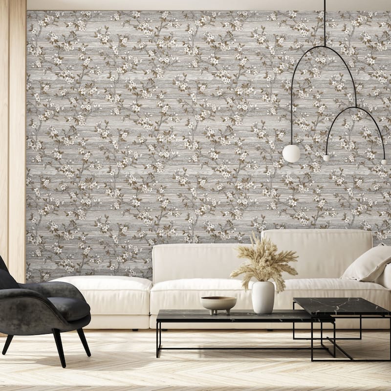 Flocked Botanical Blossom Pattern Stylish Floral Wallpaper