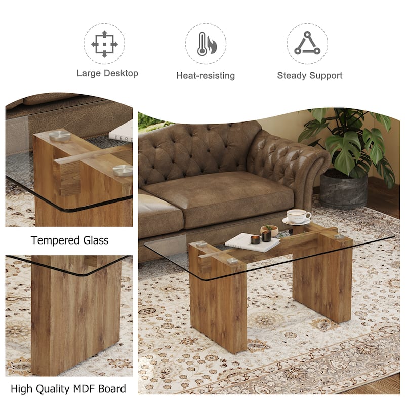 Modern minimalist transparent tempered glass coffee table and dining table, paired with wooden MDF