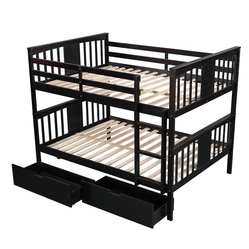 Multi Children Convertible Bunk Bed into 2 Full Size Platform Beds, Full Over Full Wooden Bed Frame with Drawers and Ladder