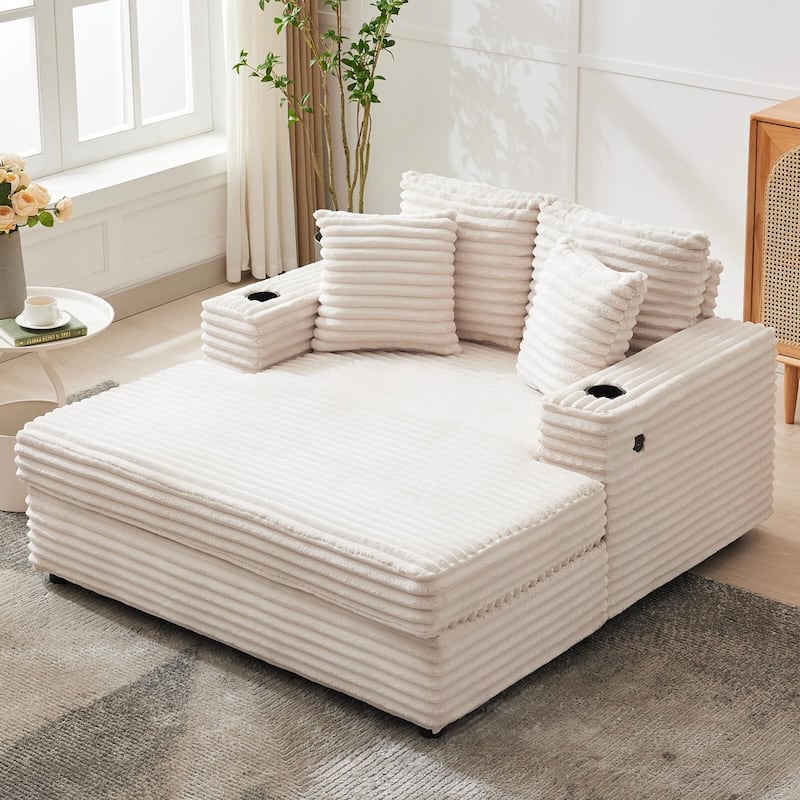 60 Inch Upholstered Sofa Bed with Throw Pillows and Armrests, Comfy Corduroy - Beige
