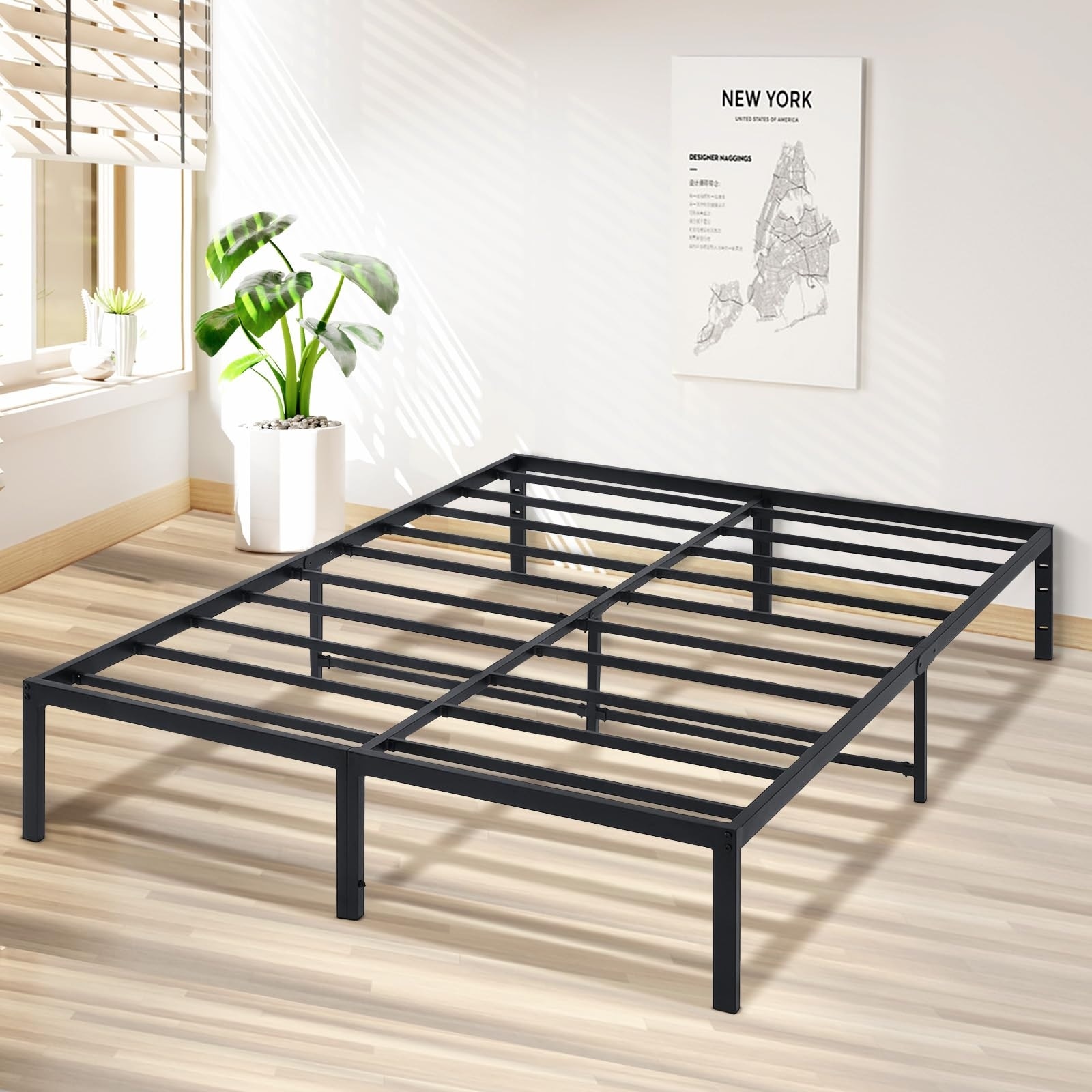 Queen Bed Frame With Storage 14.2 Inch Heavy Duty Tall Metal Platform Bed  Frame With Steel Slats - - 38211874
