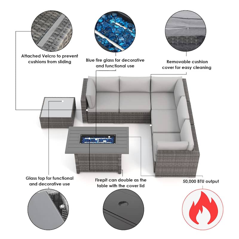 7 Piece Wicker Set Patio Sofa Furniture with Fire Pit And Table