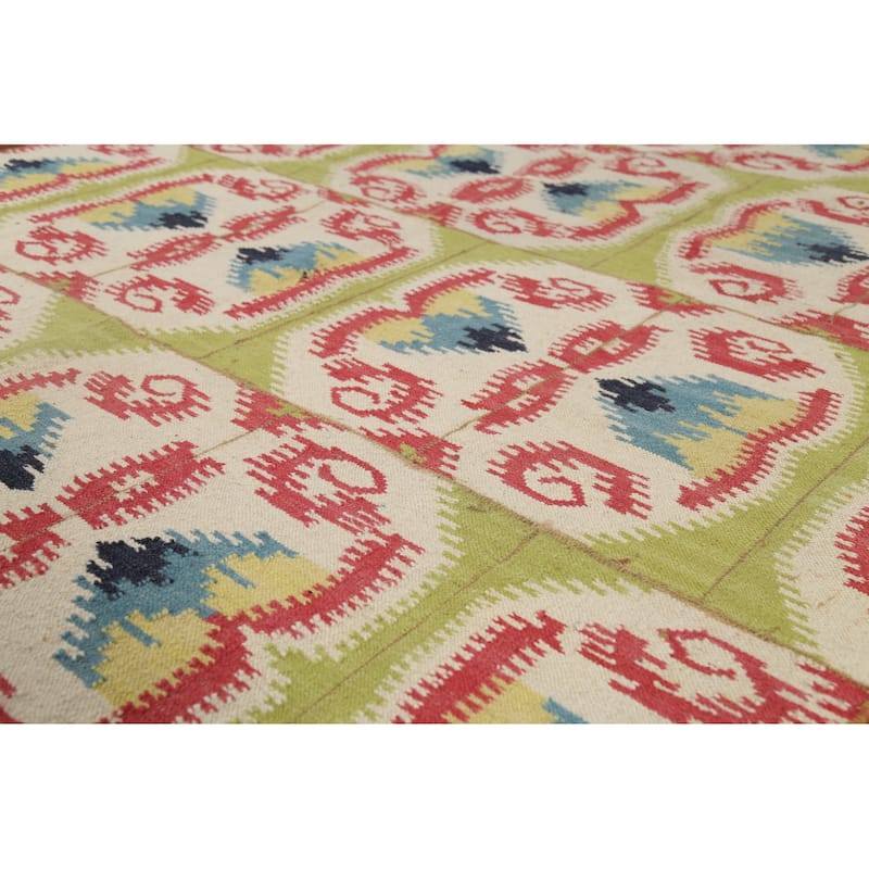 Green Kilim Oriental Area Rug Flatweave Wool Carpet - 5'8"x 8'11"