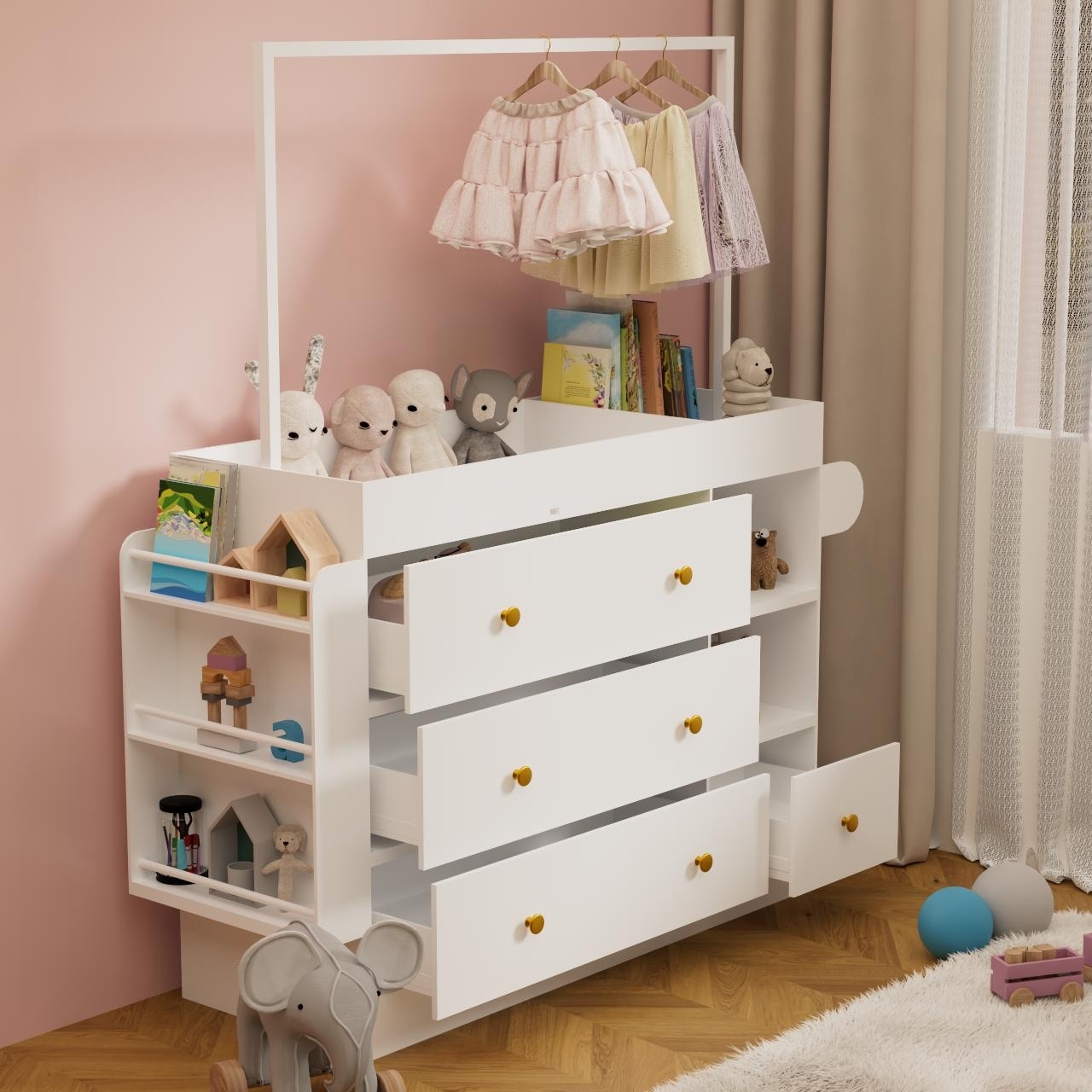White Dressing Table Dresser Clothing Storage Cabinet Organizer for Bedroom, Wardrobe Armoire Closet
