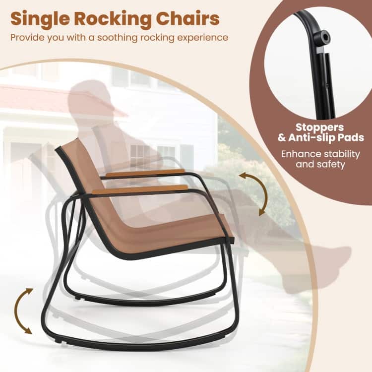 4 Piece Brown-Black Fabric Metal Outdoor Bistro Set with Loveseat and Rockers - Coffee Table: 31.5" x 18" x 16.5"