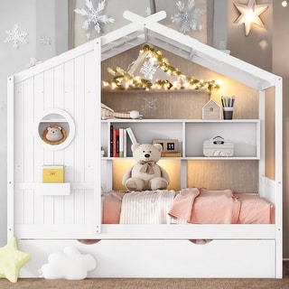 Playhouse Design Full Size House Wooden Bed with Trundle, Modern Design for Kids with Storage Shlef-White
