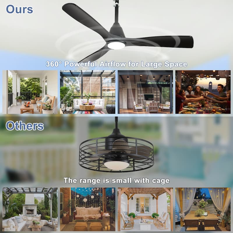 Outdoor Ceiling Fan with Light: Plug-in Hanging Fan, Remote App Control, 3CCT, 6-Speed