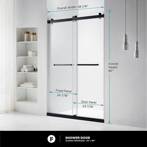 dimension image slide 6 of 25, Fine Fixtures Frameless Clear Sliding Bathroom Shower Door