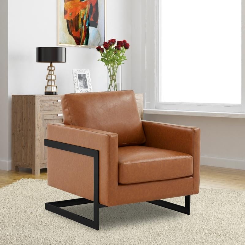 Lincoln Leather Accent Armchair - Black Steel Frame Single Seater Lounge Chair - Modern Upholstered Cushion Sofa for Living Room