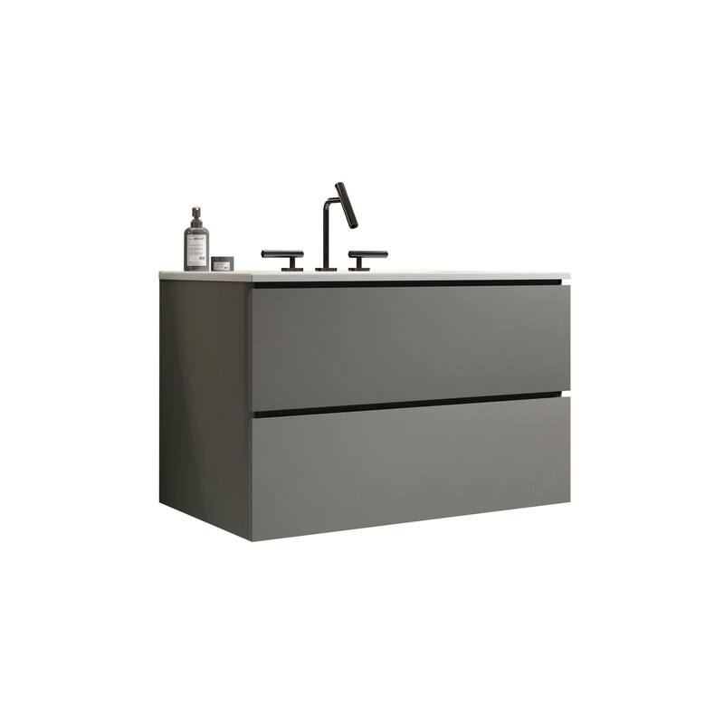 36-Inch Wall Mount Bathroom Vanity in Space Grey with Ceramic Sink, Large Storage