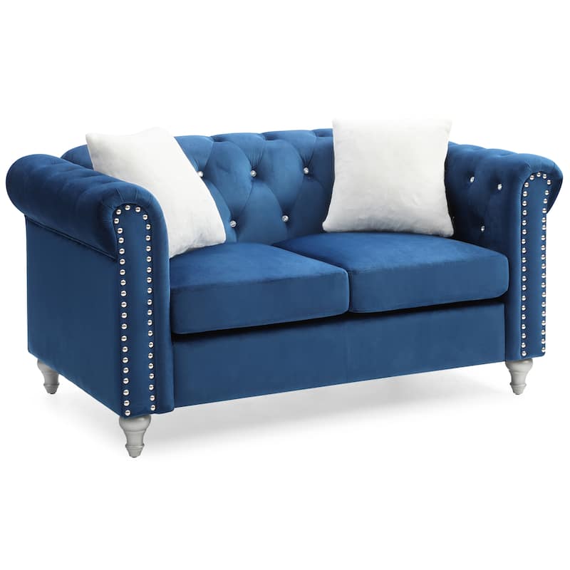 Velvet Upholstered Loveseat Sofa, Couch Settee with Round Arms, 2 Seater Sofa with 2 Throw Pillow and Nailhead Decoration