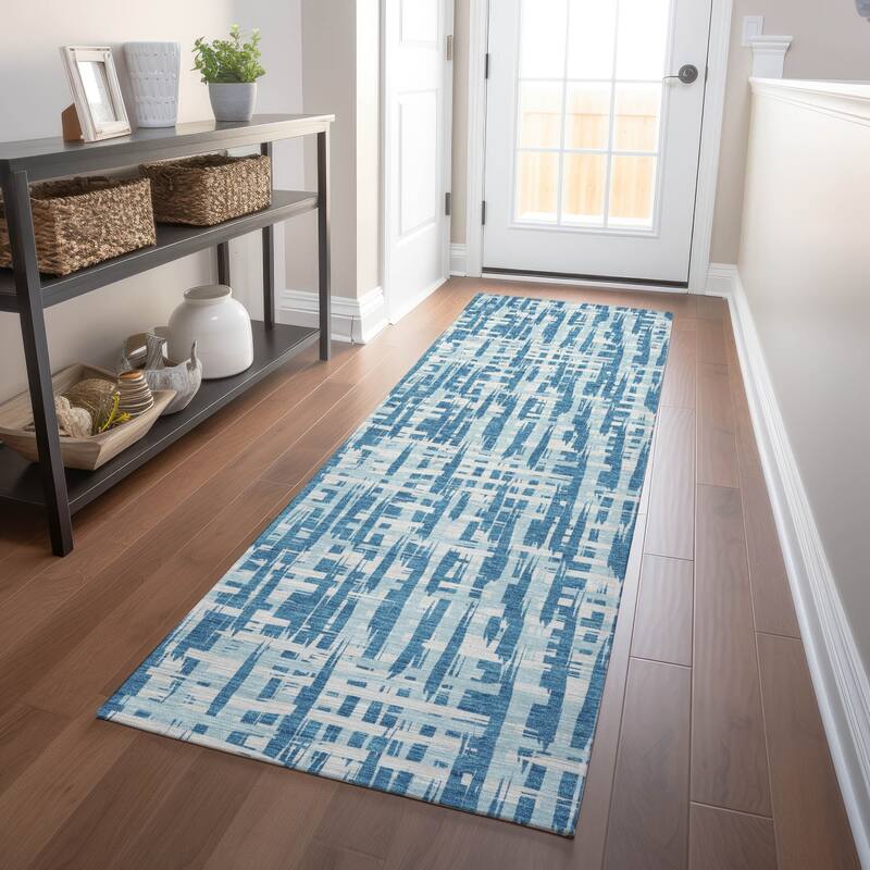 Machine Washable Indoor/ Outdoor Modern Crosshatch Chantille Rug - Teal - 2'3" x 7'6"