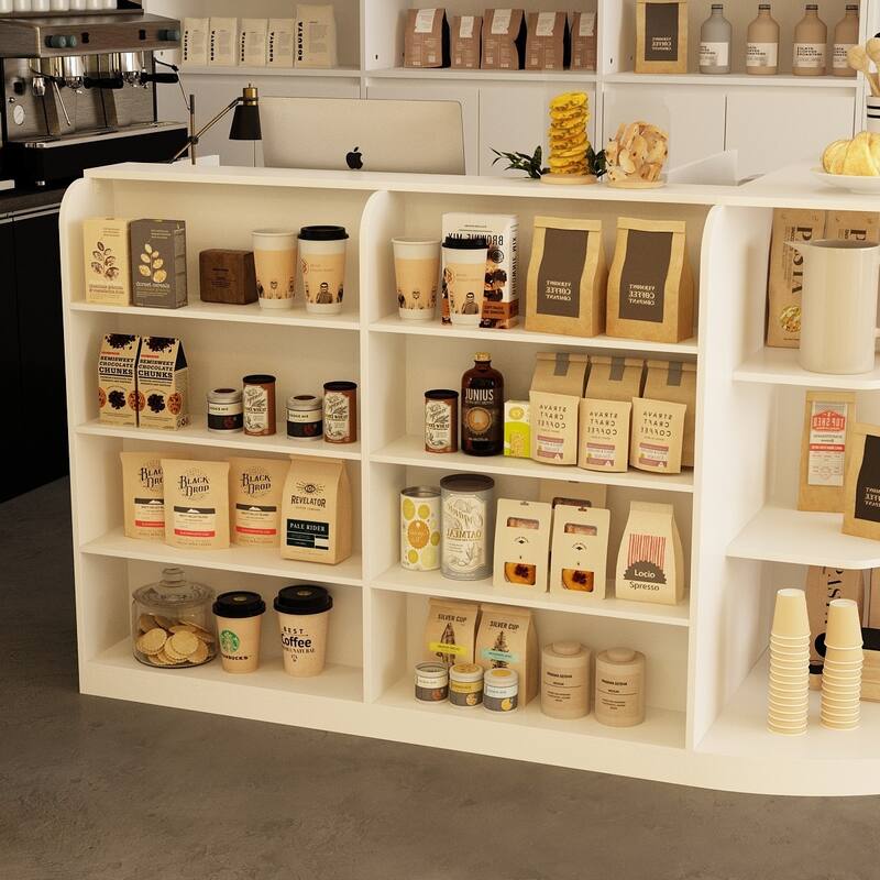 70.9" White Curved Front Desk with Shelving and Storage Reception Desk