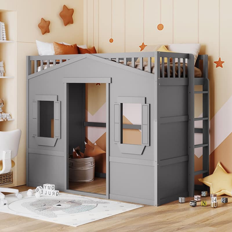 Wood Twin Size Loft Bed with Attached Ladder, Featuring Elegant Design for Stylish Bedrooms - Black