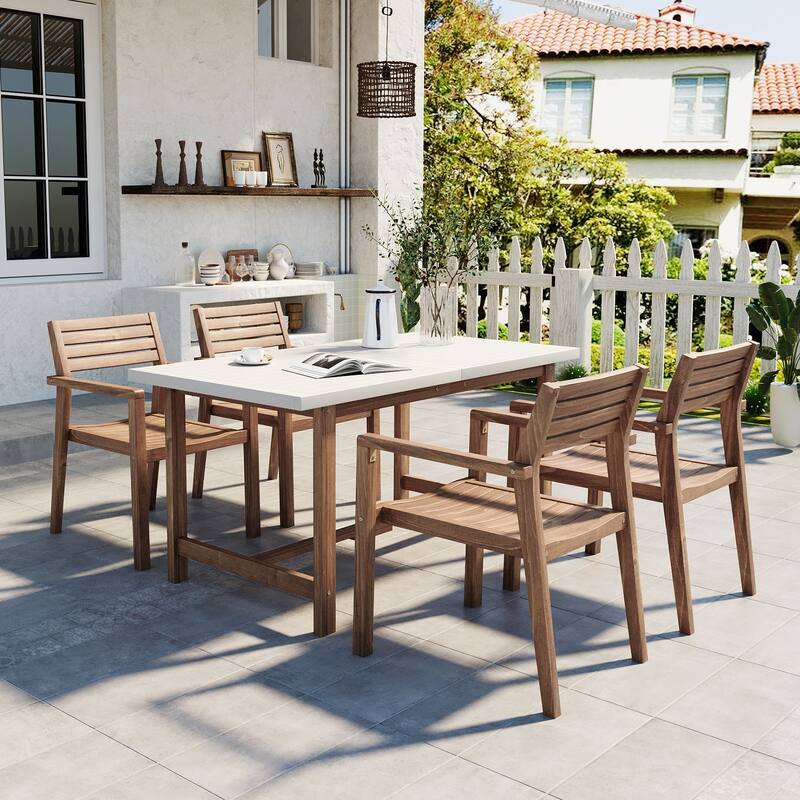 5-Piece Outdoor Acacia Wood Dining Set with Rectangular Table and Umbrella Hole for Family Gatherings - Light Brown