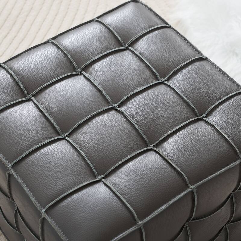 17.32" W Genuine Leather Tufted Ottoman,Footstool for Living Room & Bedroom,Grey