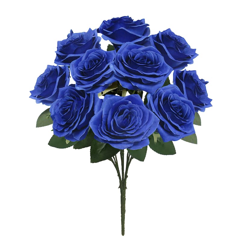 Set of 2 Artificial Queen Rose Flower Stem Bush Bouquet 18in - 18" L x 11.5" W x 11.5" DP - Royal Blue