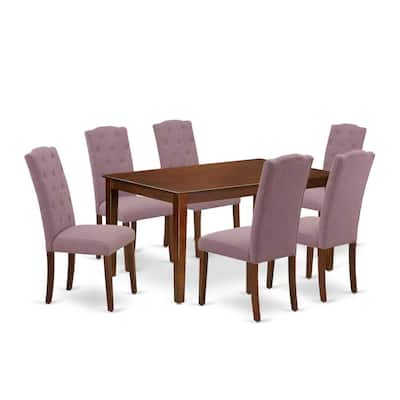 HomeStock 7-Piece Rectangle Mahogany Finish Solid Wood Top Dining Table with 6-Parson Chairs with Lattice Back