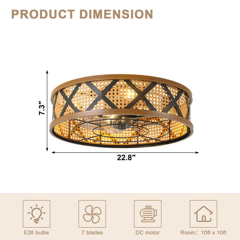 Bella Depot 23" Rustic Reattan Drum Ceiling Fan with Light and Remote 6-speed