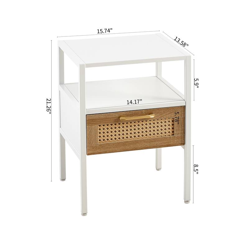 Modern Rattan End Table with Drawer, Metal Legs, White
