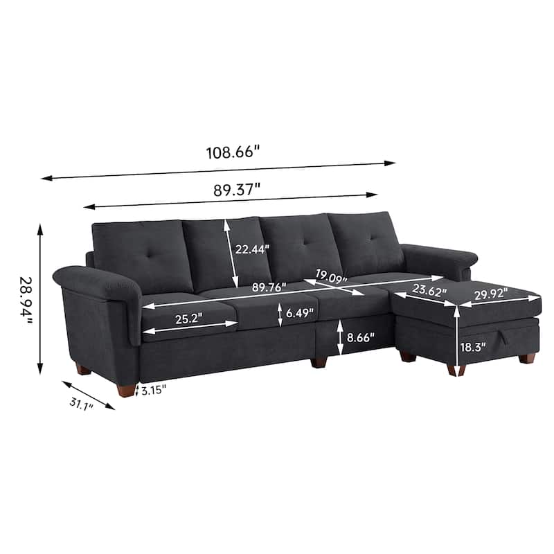 109" Modern 4 Seaters Towelling Sectional Sofa with Hidden Coffee Table Adjustable Headrest and Large Storage Space