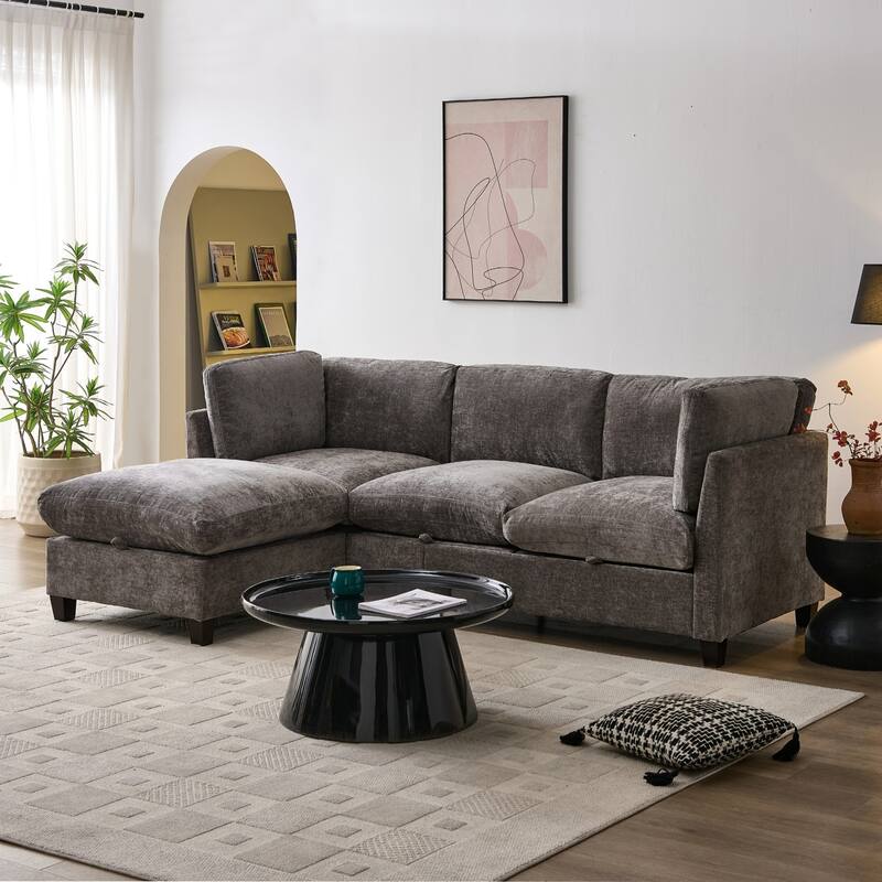 96.5" L-Shaped Chenille Sectional Sofa with Storage and Movable Ottoman