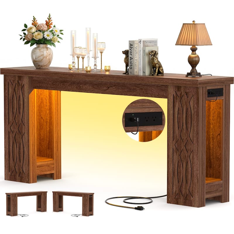 63" Farmhouse Console Table with RGB LED Lights ＆ Power Outlets, Unique Carved Design Entryway Table, Wooden Sofa Table