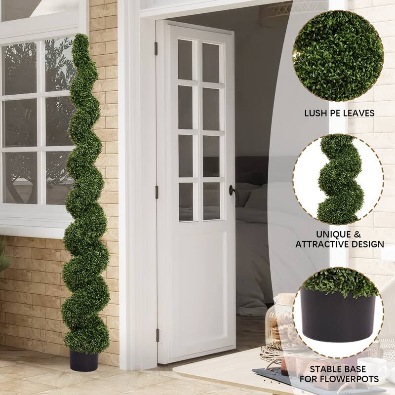 7FT Spiral Topiary Trees Artificial Outdoor Faux Boxwood Plants Large Twisted Green Potted Trees, 1pc/set