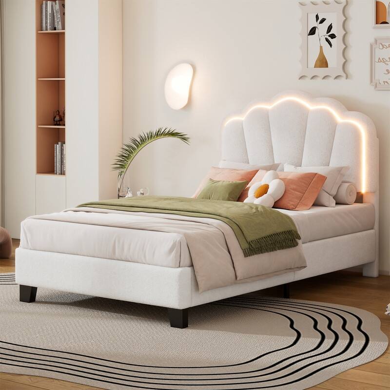 Upholstered Platform Bed with Flower-Shaped Headboard & LED Light Strip, Twin/Full Size Sherpa Fabric Bed Frame w/ Slats Support - White - Twin