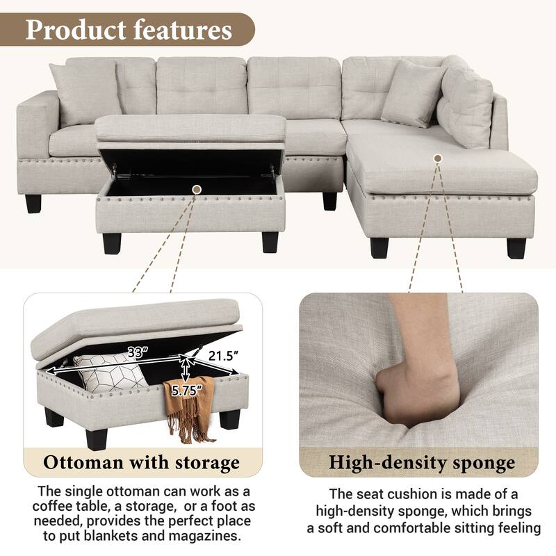105.1" Velvet L-Shaped Sectional Sofa with Reversible Chaise, Storage Ottoman and Cup Holders