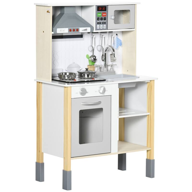 Qaba Wooden Play Kitchen with Realistic Lights and Sounds, Height-Adjustable Kids Kitchen Playset with Microwave, Range Hood
