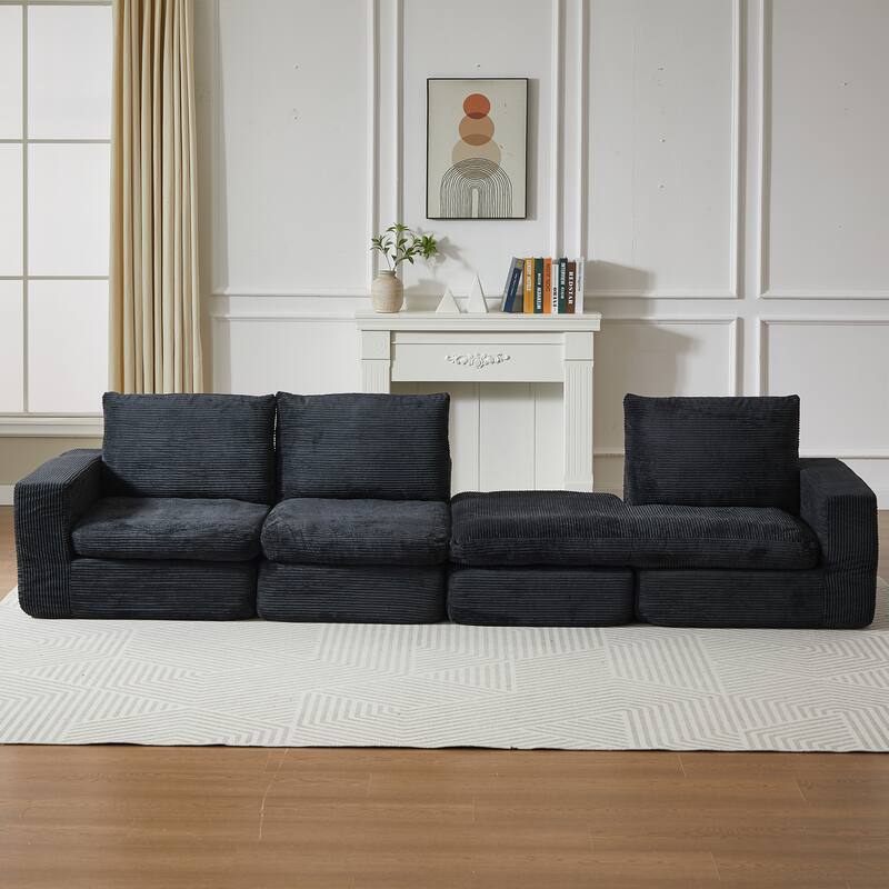 L-Shaped Sectional Sofa with Chaise Lounge, Corduroy Upholstered Boneless Couch, Module Corner Sofa with 3 Pillows