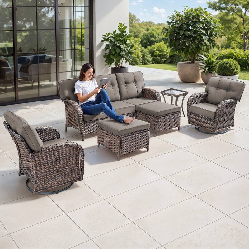 Gymojoy 6-Piece Outdoor Wicker Patio Furniture Set, 5" Thick Cushioned Rattan Set with Swivel Chairs & Ottomans