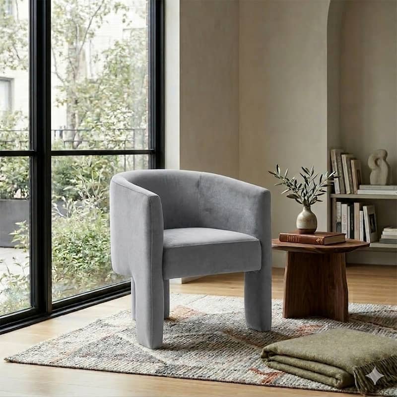 SEYNAR Modern Velvet Accent Chair, Upholstered Barrel Chair with Unique Solid Base for Living Room Soft Club Chair - Grey