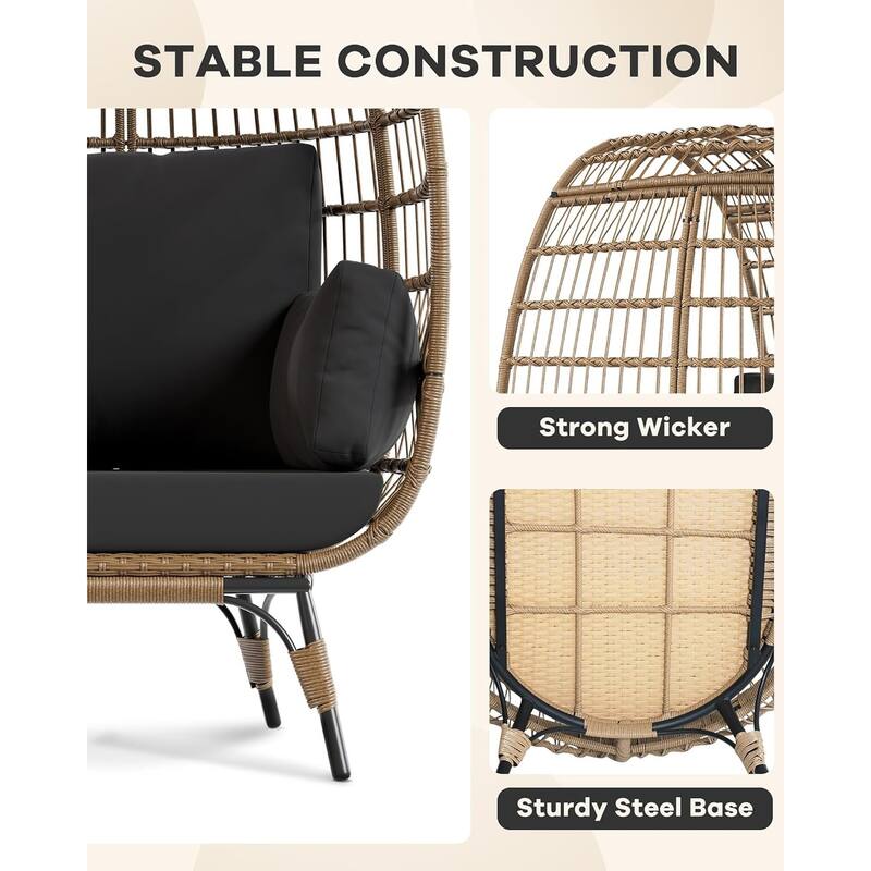 Oversize Wicker Egg Chair Outdoor with Steel Frame, Egg Basket Lounge Chair with 4 Cushions