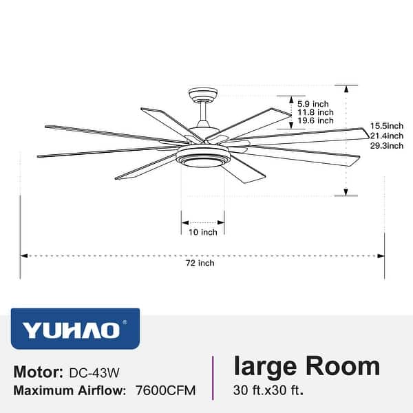 dimension image slide 14 of 19, Sofucor 52/66/72/76/84Inch Large Ceiling Fan with Dimmable LED Light ,Remote&APP Control,8 Blades for Large Living Room,Porch
