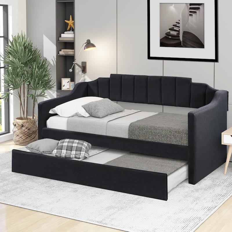 Black Upholstered Twin Daybed with Trundle - Black