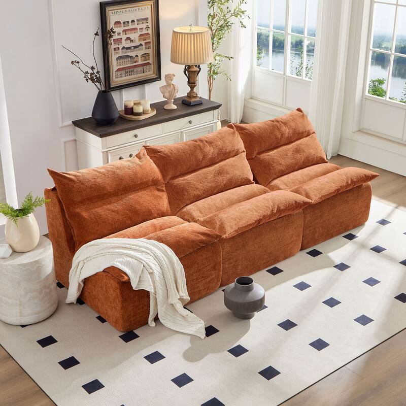 Modern 3-Seater Fully Compressible Modular Sofa, Armless Lounge Sofa with Removable Cover, Upholstered Couch for Living Room - Orange