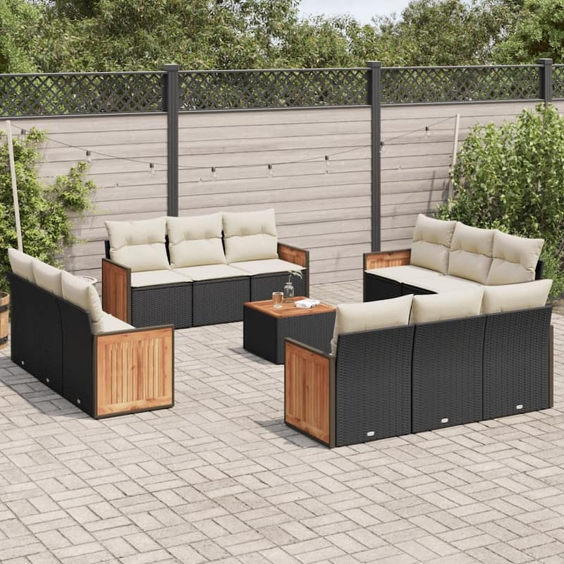 vidaXL Patio Sofa Set with Cushions Outdoor Conversation Furniture Poly Rattan - Black and Cream-With table - 21.7 x 21.7 x 14.6