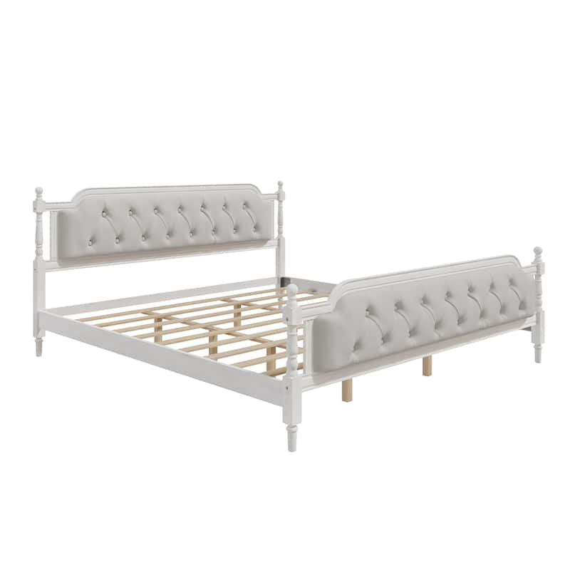 King Size Platform Bed with Tufted Headboard Solid Pine Wood Frame - Antique White - King